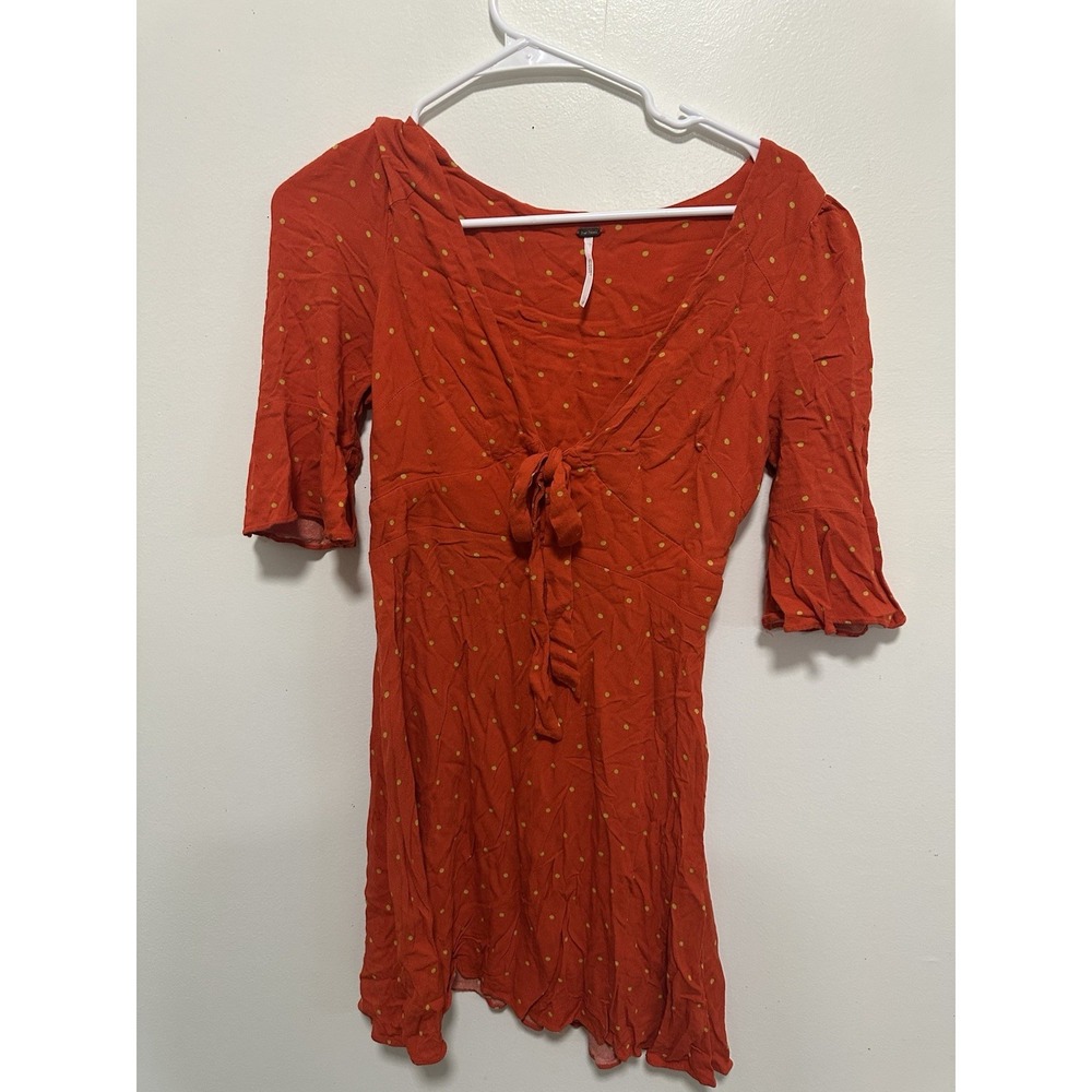 Free People All Yours Orange Polka Dot Tie V Neck Mini Dress Size 2